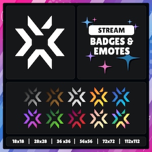 May include: A set of eight different colored badges or emotes featuring a white starburst design. The badges are in various sizes, including 18x18, 28x28, 36x36, 56x56, 72x72, and 112x112 pixels. The text "STREAM BADGES & EMOTES" is displayed above the badges.