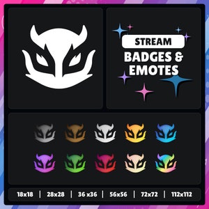 Puede incluir: Un conjunto de 12 insignias y emoticonos digitales que presentan una máscara de diablo blanca con ojos rojos. Las insignias y los emoticonos están disponibles en varios tamaños, incluidos 18x18, 28x28, 36x36, 56x56, 72x72 y 112x112 píxeles. Las insignias y los emoticonos se muestran sobre un fondo negro con un degradado de rosa, morado y azul.