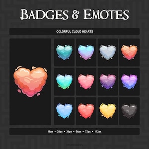Könnte beinhalten: Eine digitale Sammlung mit dem Titel BADGES & EMOTES mit COLORFUL CLOUD HEARTS. Das Bild zeigt ein großes Herz und elf kleinere Herzsymbole in verschiedenen Farben wie Blau, Pink, Lila, Gelb und Grau, mit Größen von 18px bis 112px.