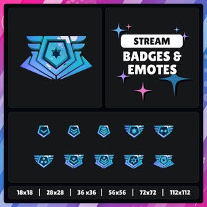Może przedstawiać: Zestaw niebieskich i fioletowych odznak i emotikonów strumieniowania Twitch w różnych rozmiarach, w tym 18x18, 28x28, 36x36, 56x56, 72x72 i 112x112 pikseli. Odznaki mają wzór gwiazdy i skrzydeł.