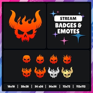 May include: A set of eight digital badges and emotes featuring a fiery skull design in various sizes. The text "STREAM BADGES & EMOTES" is displayed above the badges. The badges are available in sizes ranging from 18x18 to 112x112 pixels.