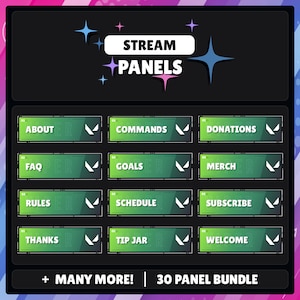 May include: A set of 30 green and white Twitch stream panels with a checkmark icon. The panels include titles such as "About", "Commands", "Donations", "FAQ", "Goals", "Merch", "Rules", "Schedule", "Subscribe", "Thanks", "Tip Jar", and "Welcome".