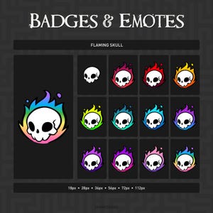 May include: A digital graphic set titled BADGES & EMOTES featuring a flaming skull design. The collection displays a white skull surrounded by flames in various colour gradients, including rainbow, red, yellow, blue, purple, and pink variations.