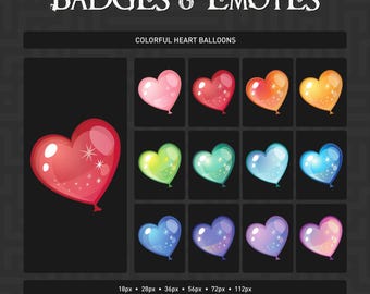 Emblemas e emotes coloridos com balões em formato de coração para transmissões ao vivo (arquivo digital)