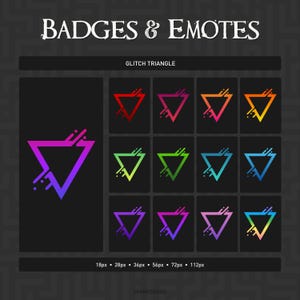 Puede incluir: Un conjunto gráfico digital titulado BADGES & EMOTES que presenta un diseño de triángulo glitch. La colección muestra un triángulo grande con un efecto glitch en degradado de morado a rosa, junto a once variaciones más pequeñas en degradados de rojo, rosa, naranja, amarillo, verde, azul y morado.