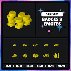 May include: A set of gold-colored, 3D, hexagonal badges and emotes in various sizes, ranging from 18x18 pixels to 112x112 pixels. The badges and emotes are stacked on top of each other, with the largest badge at the bottom and the smallest badge at the top. The text "STREAM BADGES & EMOTES" is displayed above the badges.