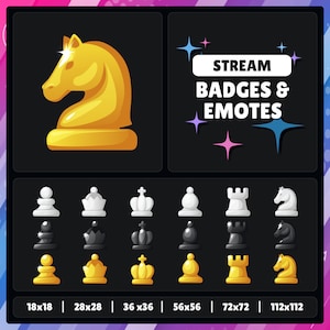 Puede incluir: Un conjunto de 12 iconos de piezas de ajedrez en varios tamaños, incluyendo 18x18, 28x28, 36x36, 56x56, 72x72 y 112x112 píxeles. Los iconos son en negro, blanco y dorado, y presentan un peón, una reina, un rey, un alfil, una torre y un caballo.