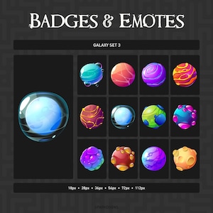 以下が含まれることがあります： BADGES & EMOTES GALAXY SET 3と題されたデジタルコレクションで、12個の円形アイコンが並んでいます。アイコンには、青、紫、オレンジ、緑、赤などの鮮やかな色で描かれた、独特の質感を持つ様々な様式化された惑星や球体が表現されています。