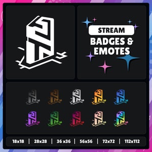 Può includere: Una collezione di badge ed emote per streaming in vari colori e dimensioni. Il design principale presenta una forma astratta bianca su sfondo nero. È presente anche il testo "STREAM BADGES & EMOTES".