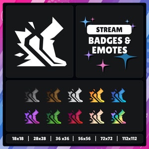 May include: A set of 10 digital badges and emotes featuring a white silhouette of a broken robot with a blue, green, orange, pink, purple, red, gray, and yellow color gradient. The text "STREAM BADGES & EMOTES" is displayed in a white rectangle with a black outline. The badges and emotes are available in 6 different sizes: 18x18, 28x28, 36x36, 56x56, 72x72, and 112x112.