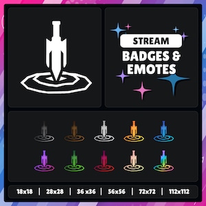 Könnte beinhalten: Ein Satz von 12 digitalen Abzeichen und Emojis mit einem weißen Schwert in einem Kreis. Die Abzeichen und Emojis sind in 6 verschiedenen Größen verfügbar: 18x18, 28x28, 36x36, 56x56, 72x72 und 112x112 Pixel. Die Abzeichen und Emojis sind in verschiedenen Farben, darunter Grau, Schwarz, Orange, Weiß, Hellblau, Blau, Lila, Grün, Rot, Rosa und Gelb.