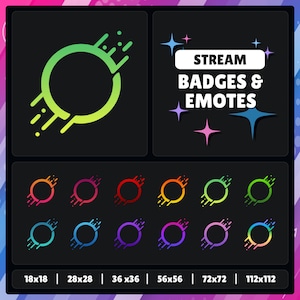 May include: A selection of stream badges and emotes in different sizes. The designs showcase a circular shape with a gradient colour and a trail of dots. The text "STREAM BADGES & EMOTES" is displayed above the badges.