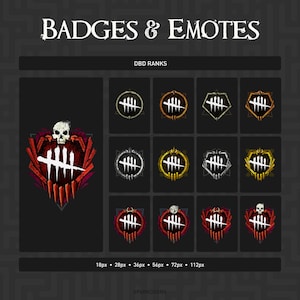 Könnte beinhalten: Eine digitale Sammlung von Badges & Emotes mit dem Titel DBD RANKS, bestehend aus zwölf kreisförmigen und schildförmigen Symbolen. Jedes Icon zeigt ein weißes Strichlisten-Symbol mit fünf Strichen, teilweise ergänzt durch Totenköpfe, Gold, Silber und Rot.