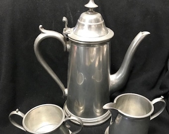 Sheffield Pewter Coffee Tea 3-Piece Set Pot Sugar & Creamer Traditional Classic England