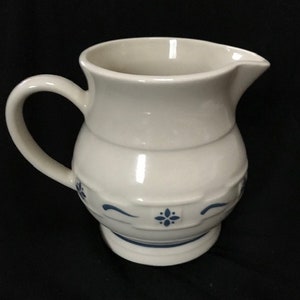 Longaberger Pottery Milk Jug Syrup Pitcher Woven Traditions Blue 1 Qt USA 5.5&quot; High