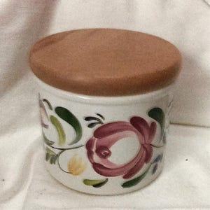 Portmeirion Welsh Dresser Canister w Wooden Lid Floral Crock 4&quot; H x 5” Diameter Nice!