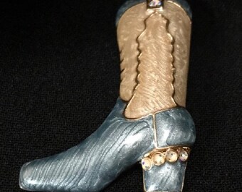 Enamel Cowboy Boot Pin Brooch Rhinestone 18K Gold-Plated Western Style