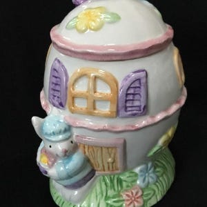 Vintage Easter Cottage Egg Bunny Box Candy Jar w Lid Boy Rabbit 15939 5&quot;H Spring Holiday Sweet!