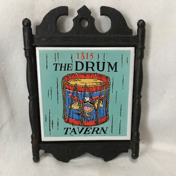 The Drum Tavern 1815 Cast Iron & Tile Trivet Vintage Traditional Colonial Style Pub Sign MCM Fun