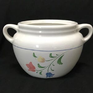 White Ceramic Bean Pot w Floral Design 2 Handles Classic Style 8.25"
