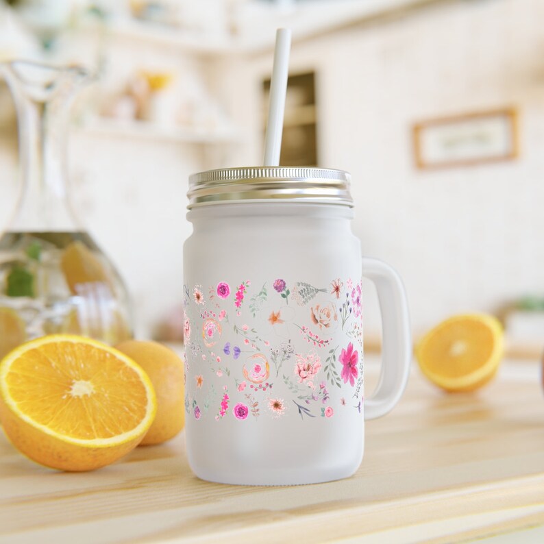 Floral Mason Jar Floral Design Mason Jar With Handle Cute Etsy
