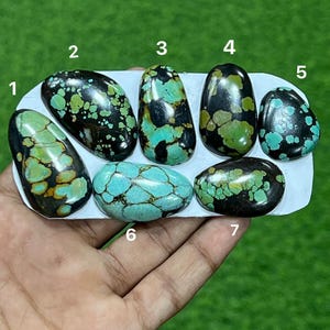 Può includere: Sette cabochon di turchese lucidati disposti su un supporto bianco, numerati da uno a sette. Ogni pietra presenta un motivo unico di matrice nera con varie tonalità di blu e verde, che vanno dal verde acqua scuro al ciano brillante.