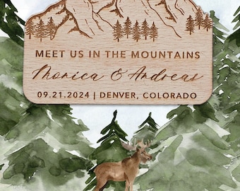 Mountain Save the Date Magnet • Rustic Wooden Wedding Magnet • Moose and Forest Laser Engraved • Magnet with Card and Kraft Envelope