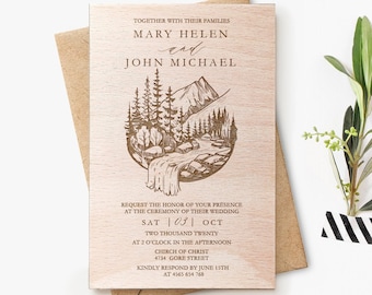 Rustic Adventure Mountain wooden wedding invitations, Personalized wood wedding invitation