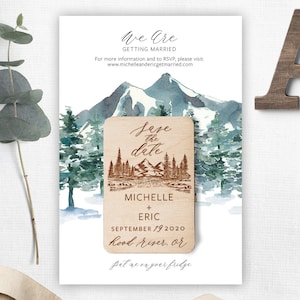 Rustic Adventure mountain wooden save the date magnets Wedding wood save the dates Custom magnets