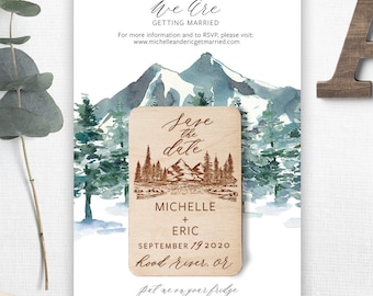Wood Save the Date Magnet, Mountain Scene, Rustic Wedding Favors, Personalized Engraved Announcement
