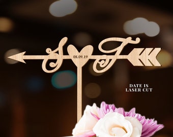 Boho Arrow Initials heart wedding cake topper Wedding decoration Calligraphy wooden Cake Topper Love
