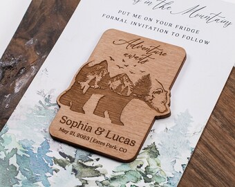 Mountain Wedding Save the Date Magnet: Engraved Wood Bear, Adventure Awaits