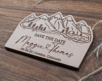 Wooden Wedding save the date magnets, Personalized mountain wedding favors save the date lake magnet with cards, Lake save the date magnets