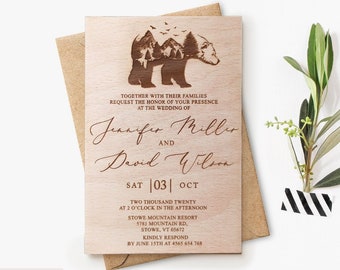 Rustic Mountain wooden wedding invitations, Personalized Forest wood wedding invitation, Bear Invitation