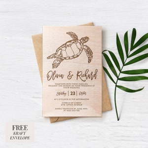 Faire-part de mariage tortue tropicale, faire-part gravé en bois, faire-part de mariage à destination de la plage