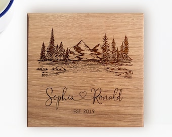 Engraved Oak Wood Coasters, Personalized Wedding Gift, Set of 4