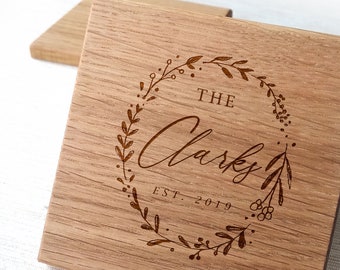 Engraved Oak Wood Coasters, Personalized Wedding Gift