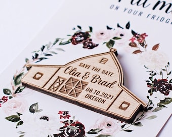 Rustic Barn Save the Date Magnet, Wood Wedding Favor with Card