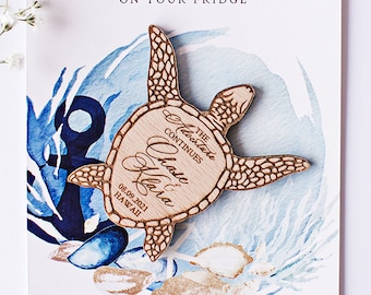 Schildkröte Sommer Strand Holz Save the Date Magnete Holz Hochzeit Magnete Gastgeschenke benutzerdefinierte Sommer Holz Magnet mit Karten