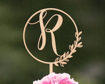 Monogram Rustic Floral Gold Wedding cake topper Personalized Custom wood calligraphy wood cake topper