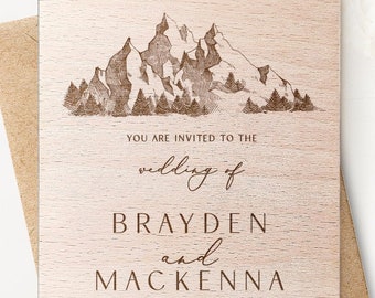 Rustic Adventure Mountain wooden wedding invitations, Personalized Forest wood wedding wedding invitation