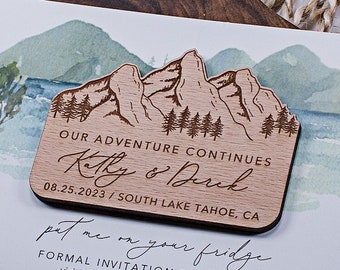 Mountain lake wooden save the date magnets wood wedding magnets Wooden mountain magnets wedding favors custom wood magnet with cards