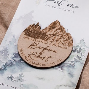 Réservez la date aimants aimants de mariage en bois Cadeaux de mariage en montagne Cadeaux de mariage aimant en bois personnalisé avec des cartes, des aimants de remerciement
