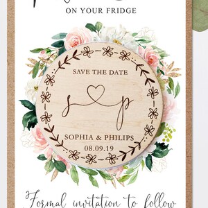 Bois de sauver l’aimant de Date, Floral enregistrer la Date, couronne Save the Date, Custom sauver l’aimant Date, rustique Save the Date, faire-part de mariage