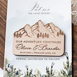 Magnets en bois pour faire gagner la date, aimants de mariage en bois, cadeaux de mariage, aimant de mariage en montagne avec carte, aimant en bois personnalisé avec cartes