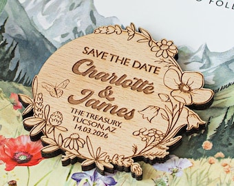 Hölzernen Save the Date Magnet, Wildblumen Hochzeit Gunsten
