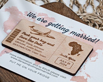 Imán para guardar la fecha de boda de destino: madera grabada, personalizado