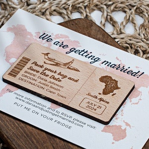 Embale sua bolsa de madeira, salve a data, ímãs de madeira para casamento, lembranças de casamento, ímã de madeira personalizado com cartões, destino, ímãs de madeira