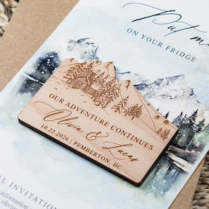 Snowy Mountain Cabin Laser-Engraved Wooden Wedding Magnet wedding favors custom wood magnet with cards