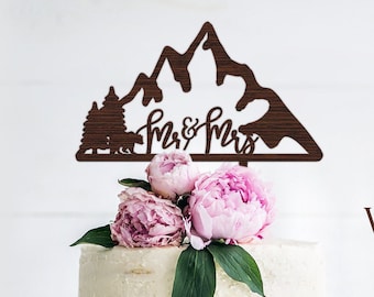 Personalized Mountain Wedding Cake Topper: Rustic Wooden Mr & Mrs